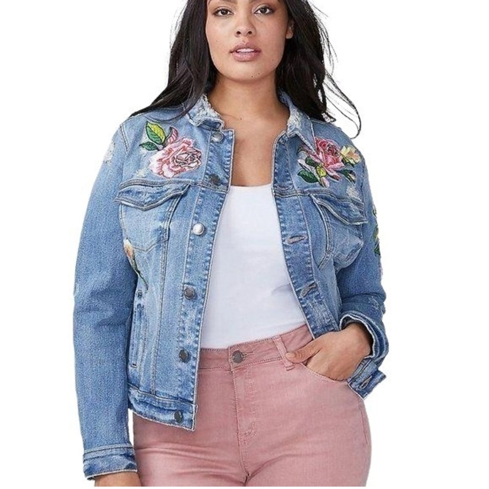 Lane Bryant Denim Jacket Embroidered Pink Rose Women’s Plus Size 24 - Picture 1 of 3